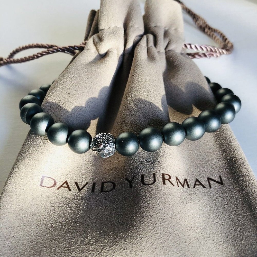 David Yurman Men's Spiritual Bead Bracelet w Matte Hematite & Silver Wave 8.5 in